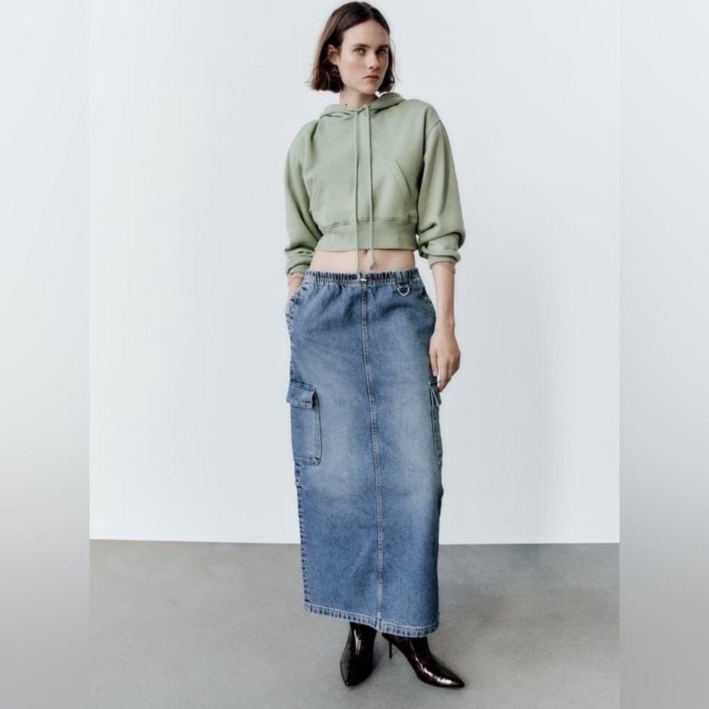 Zara TRF denim cargo maxi skirt